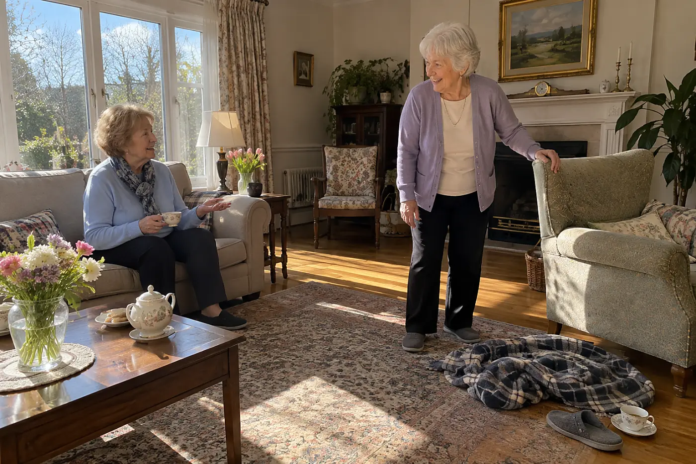 Older woman holding the back of a chair after standing in her living room.