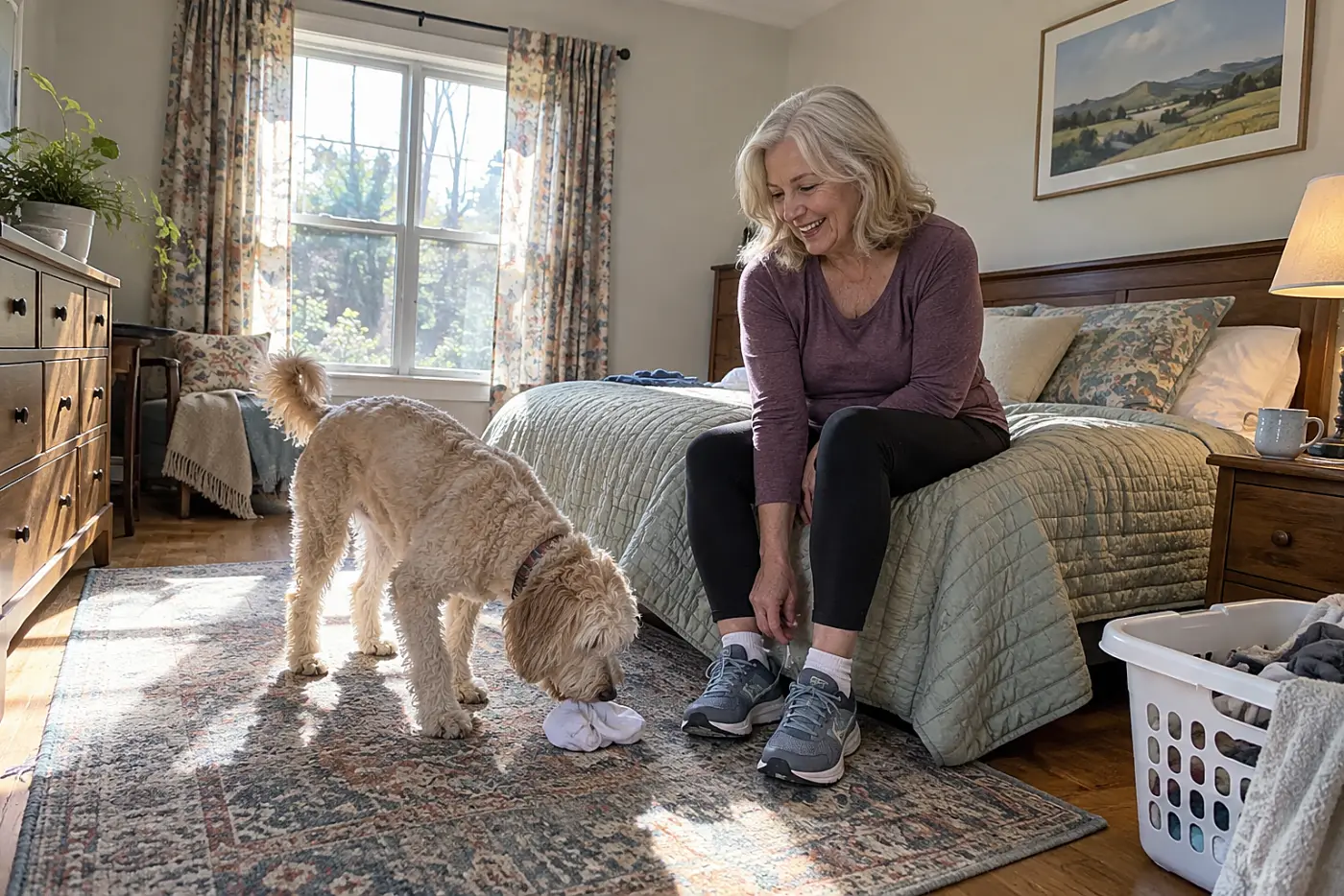 Older woman sitting on her bed and touching her toes.
