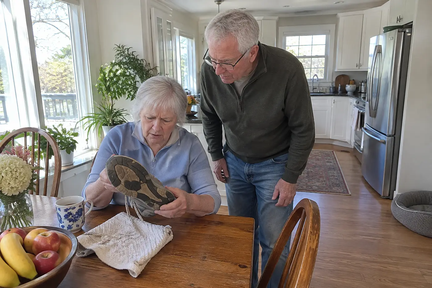 Older woman checking the soles of her walking shoes at a kitchen table.