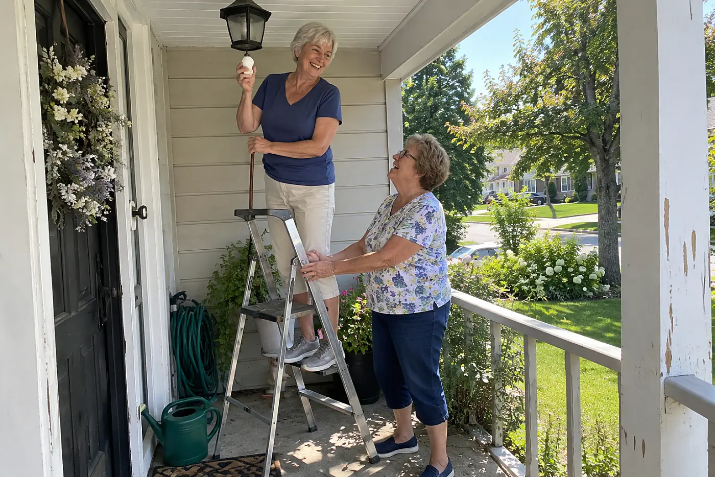 Older woman replacing a porch light bulb outside her front door.