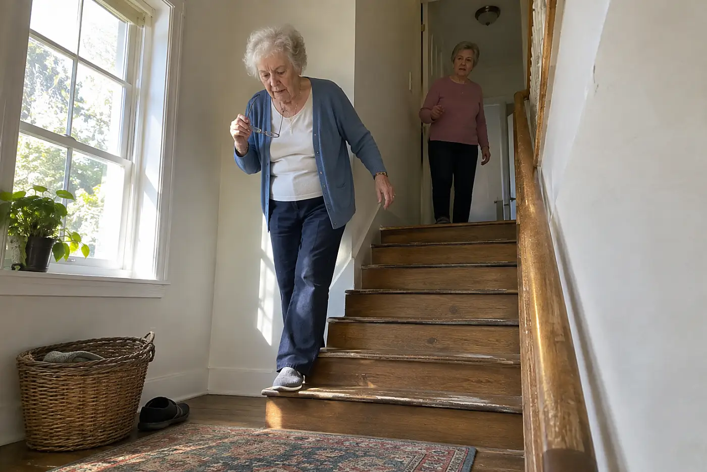 Older woman holding her glasses while looking at the stairs in her home.