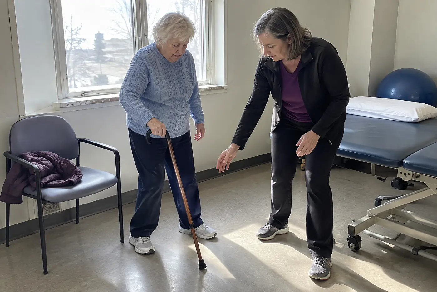 Older woman showing a cane to a physical therapist in a clinic room.