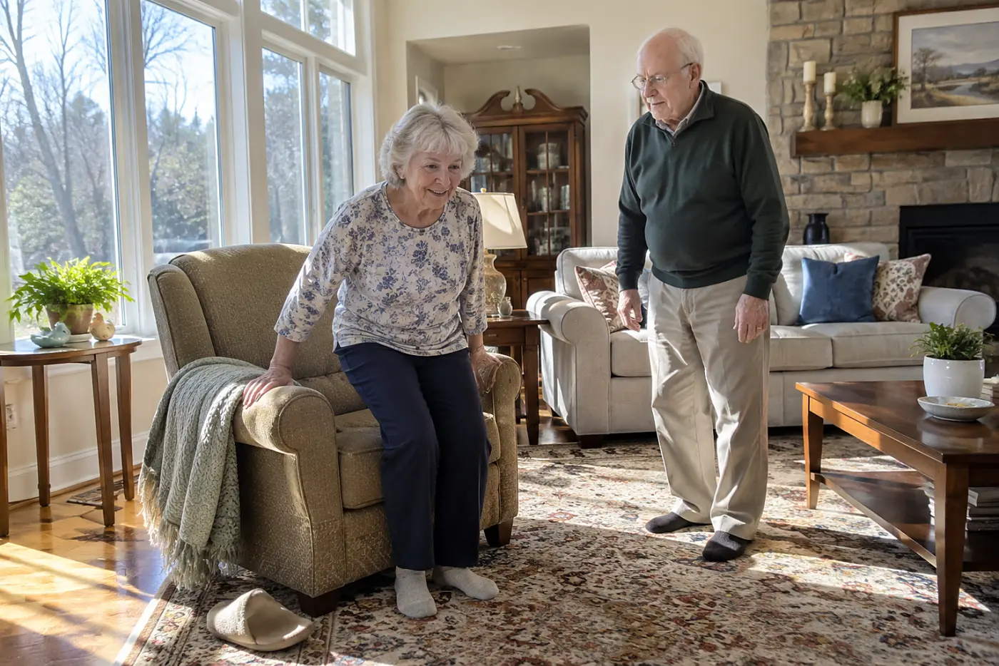 Older woman rising from a firm chair in her living room.