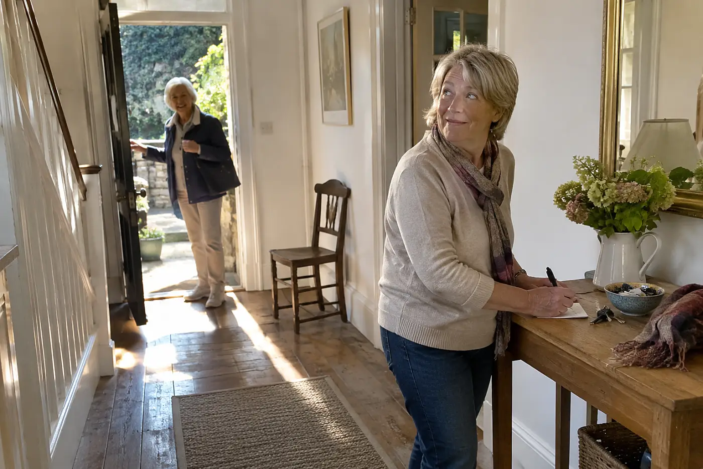 Older woman adding an avoided destination to a note beside her keys.