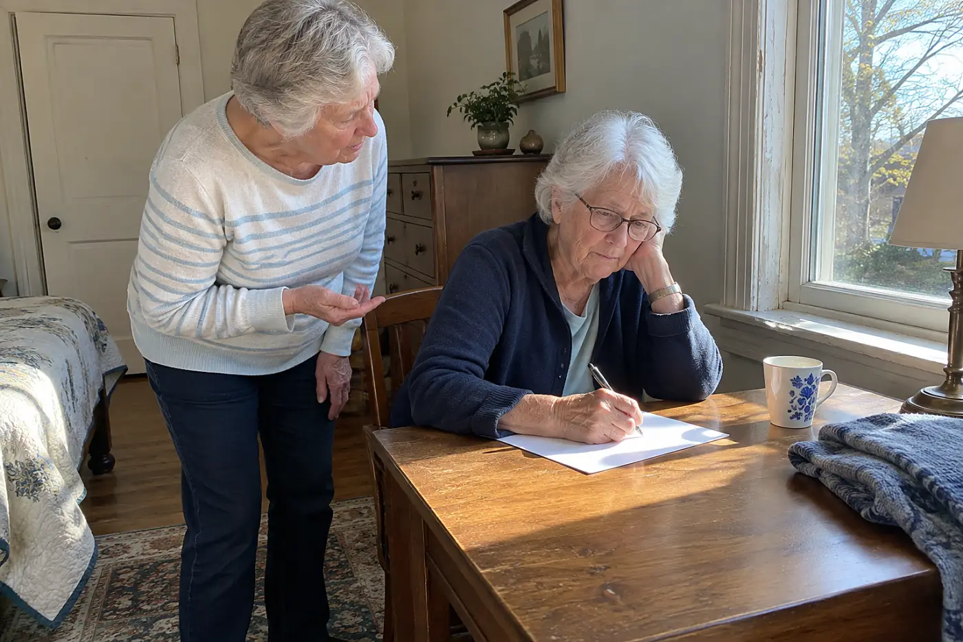 Older woman writing down details of a fall at her desk.