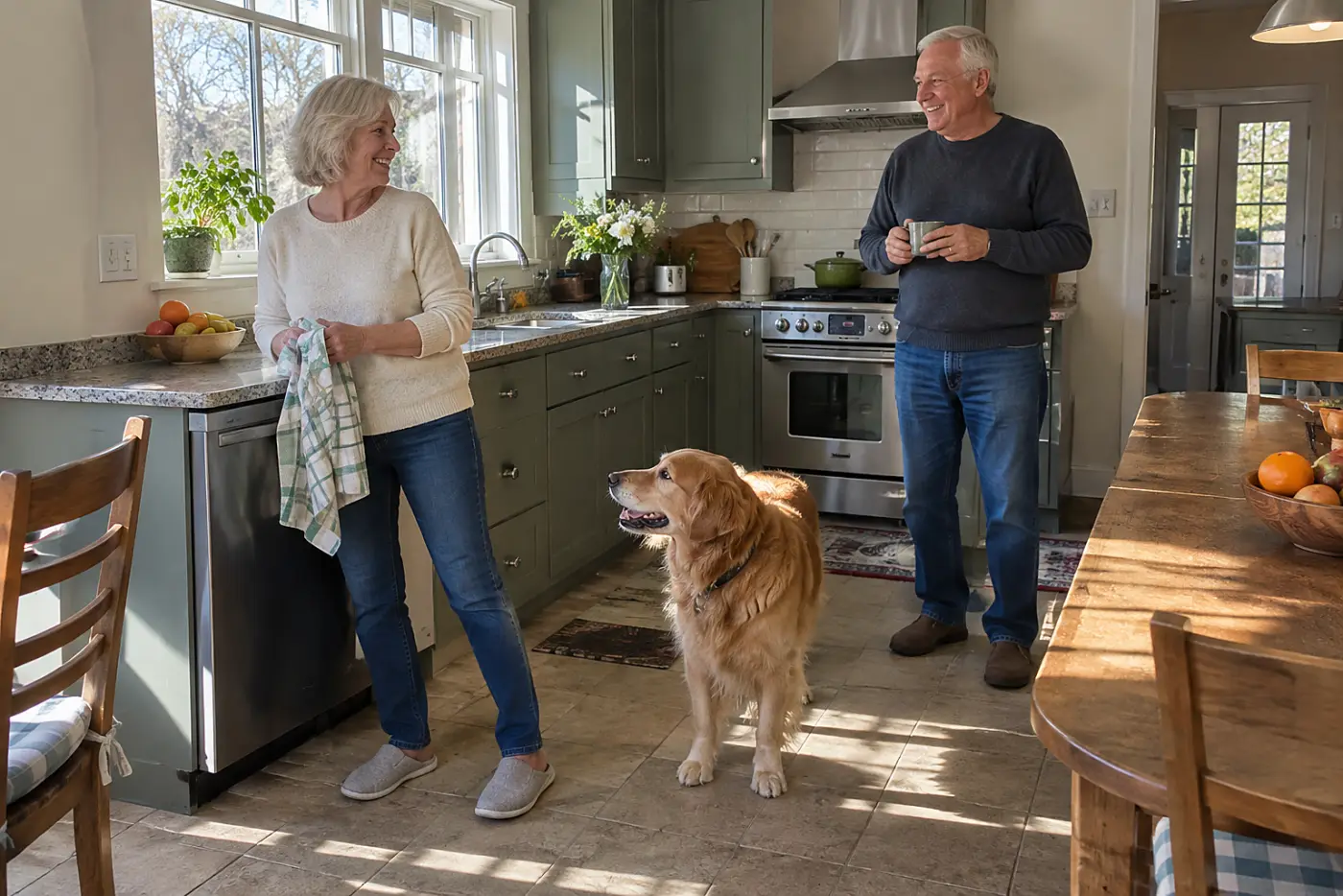 Older woman practicing a small-step turn beside her kitchen counter.