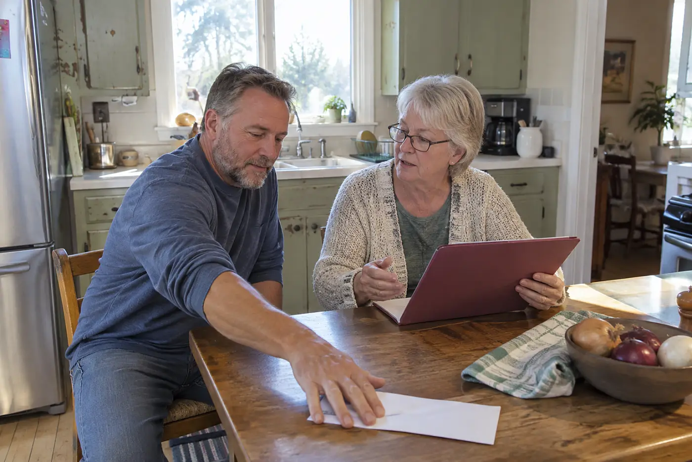 Older woman showing her son the house deed at a kitchen table.