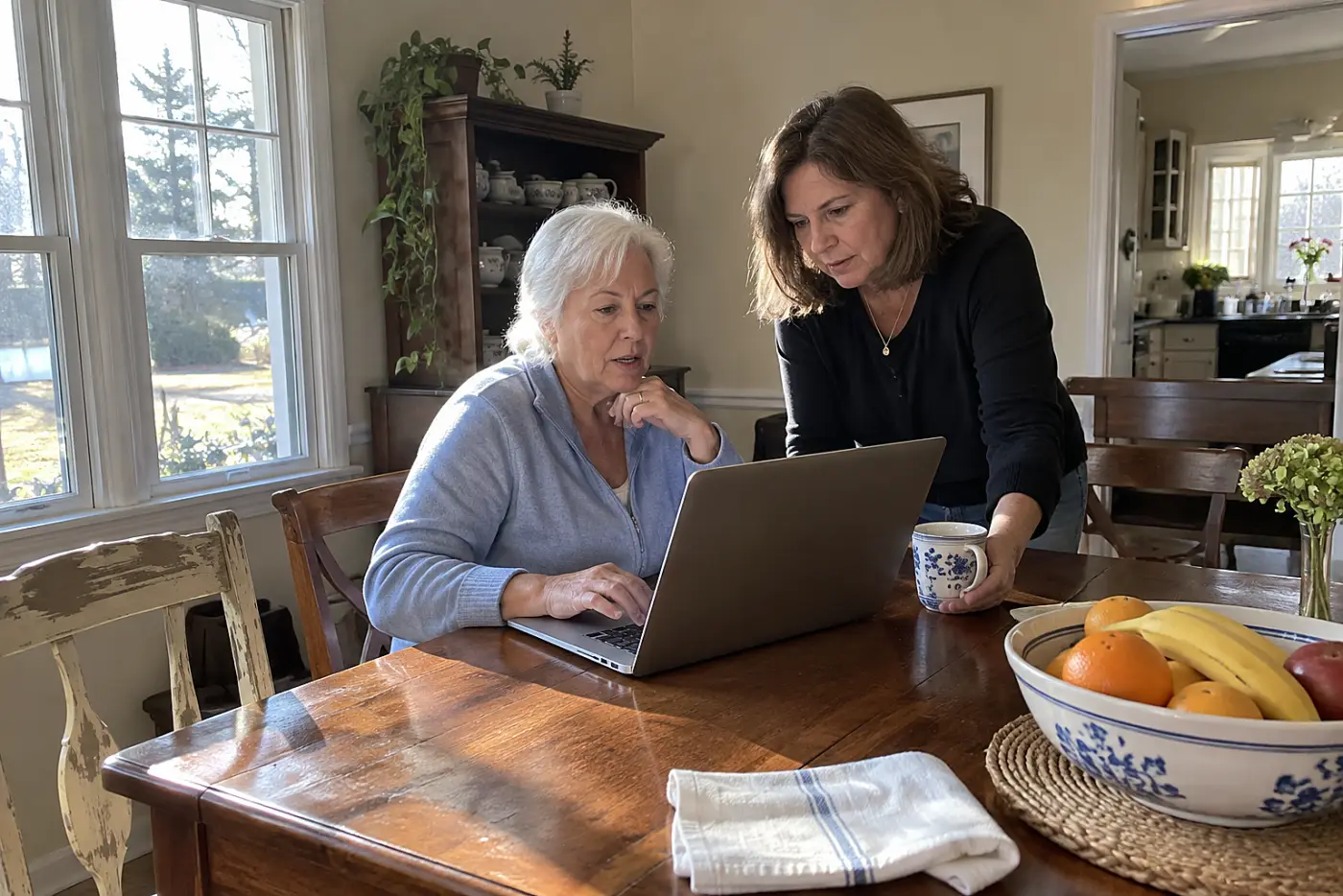 Older woman checking a beneficiary form on a laptop at her dining table.