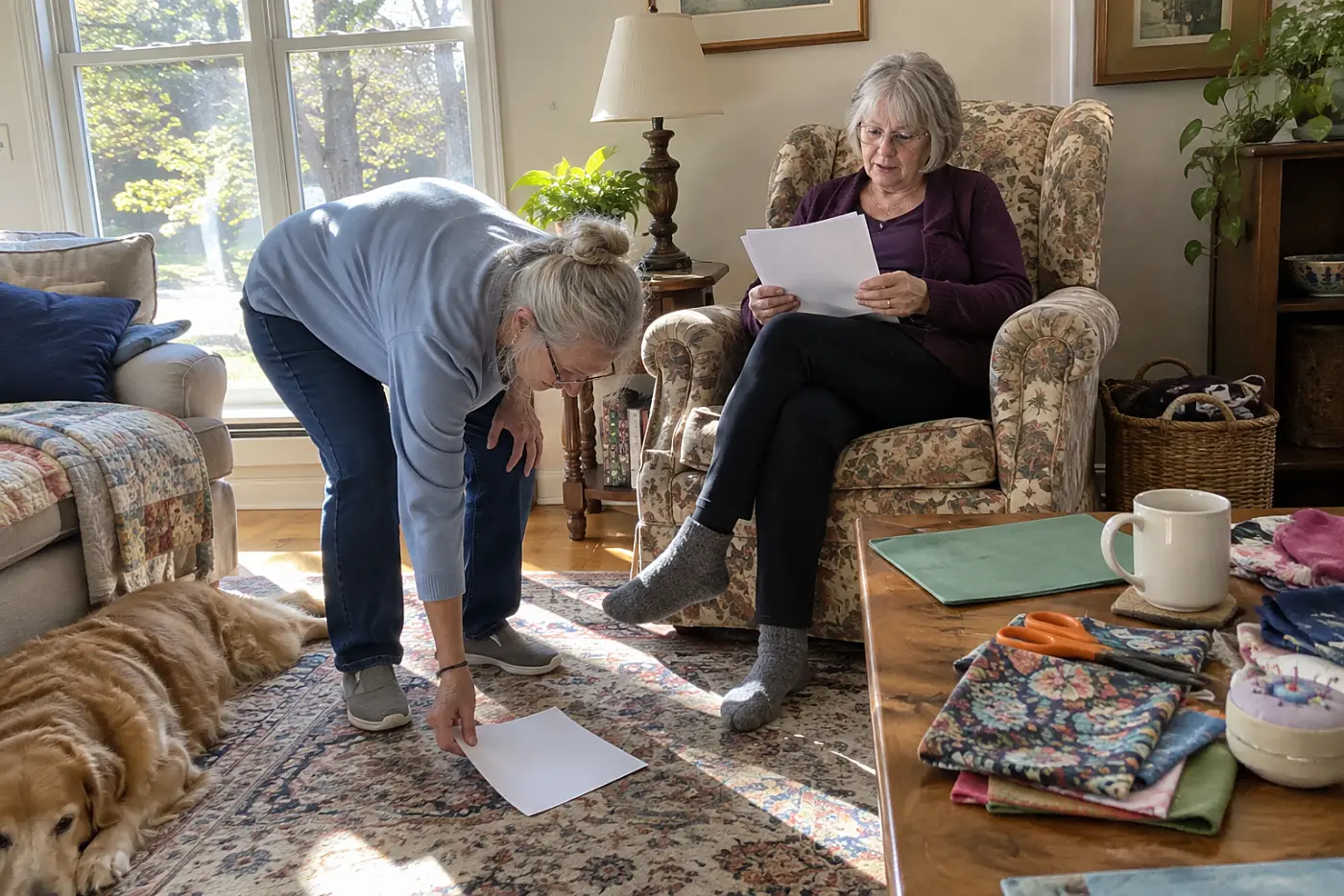 Older woman reading her will beside a file folder at home.