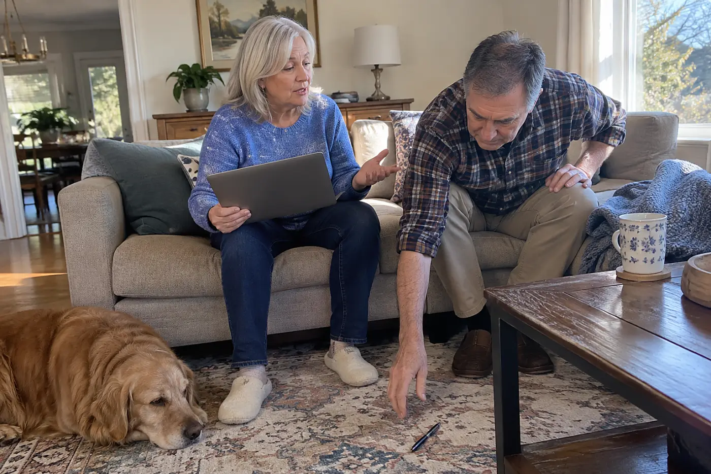 Older woman showing her husband a password manager on a laptop at home.