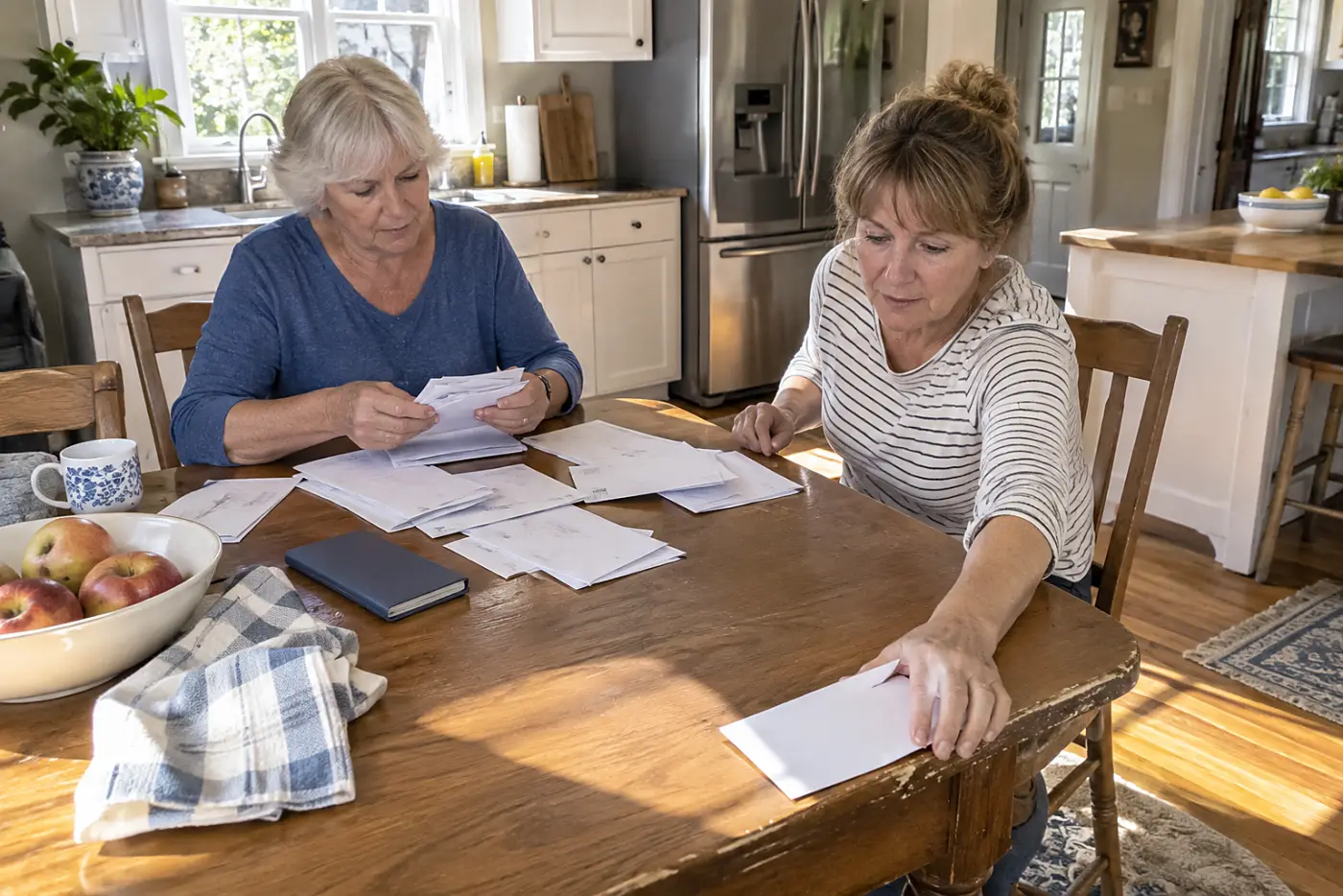 Older woman sorting utility bills beside a checkbook at her kitchen table.
