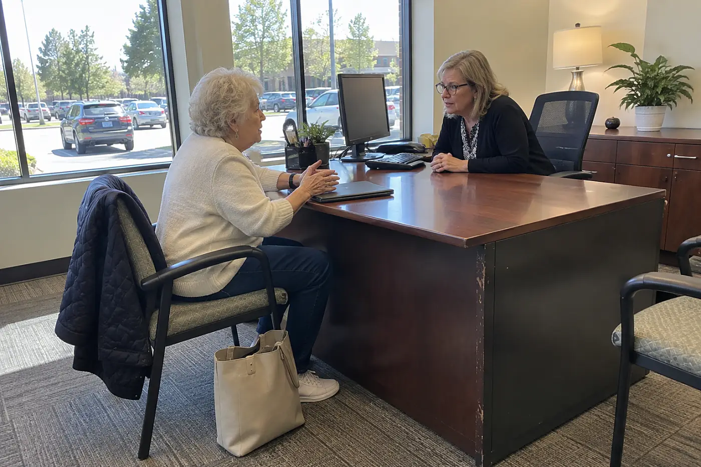 Older woman speaking with a bank employee across a desk at a branch.