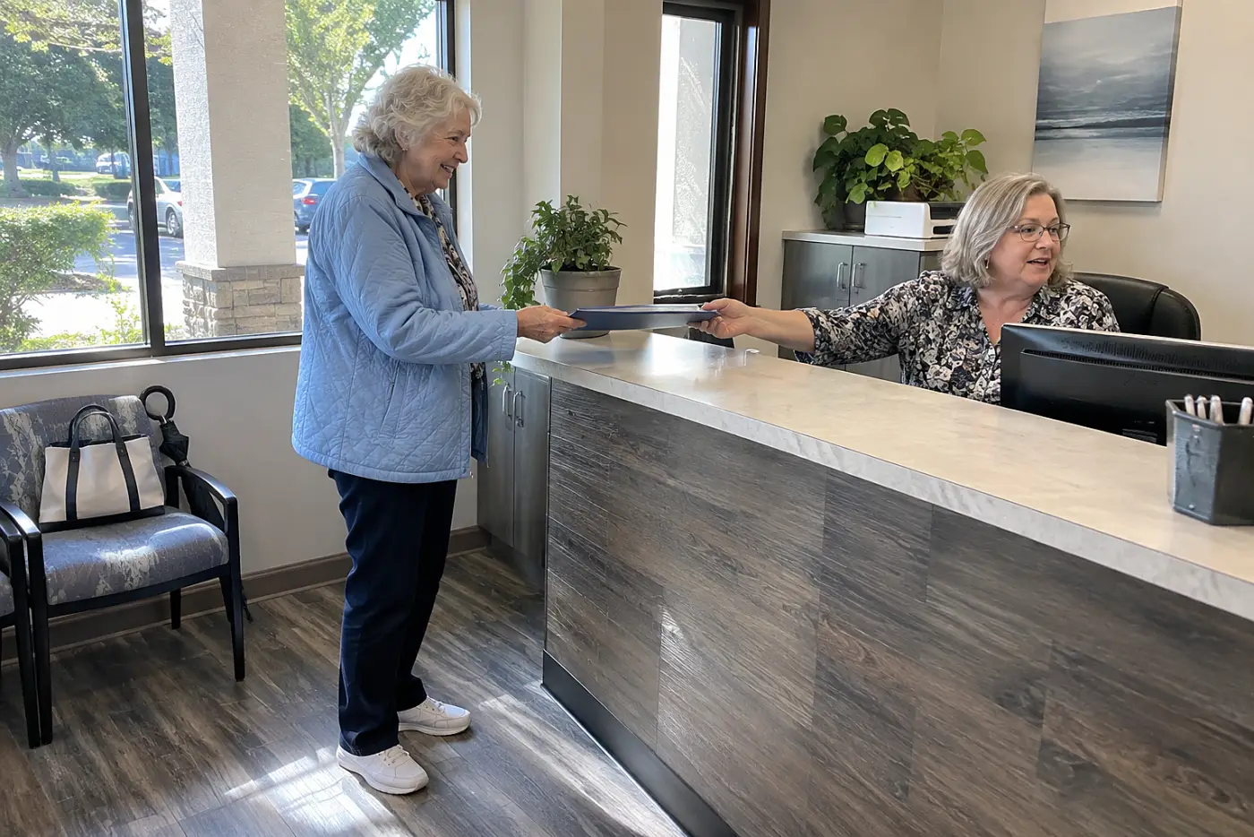 Older woman handing an advance directive to a receptionist at her doctor's office.