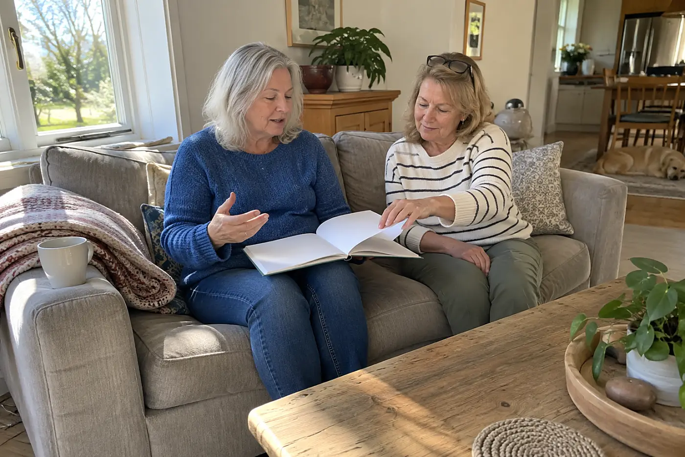 Older woman talking with her sister over an open notebook at home.