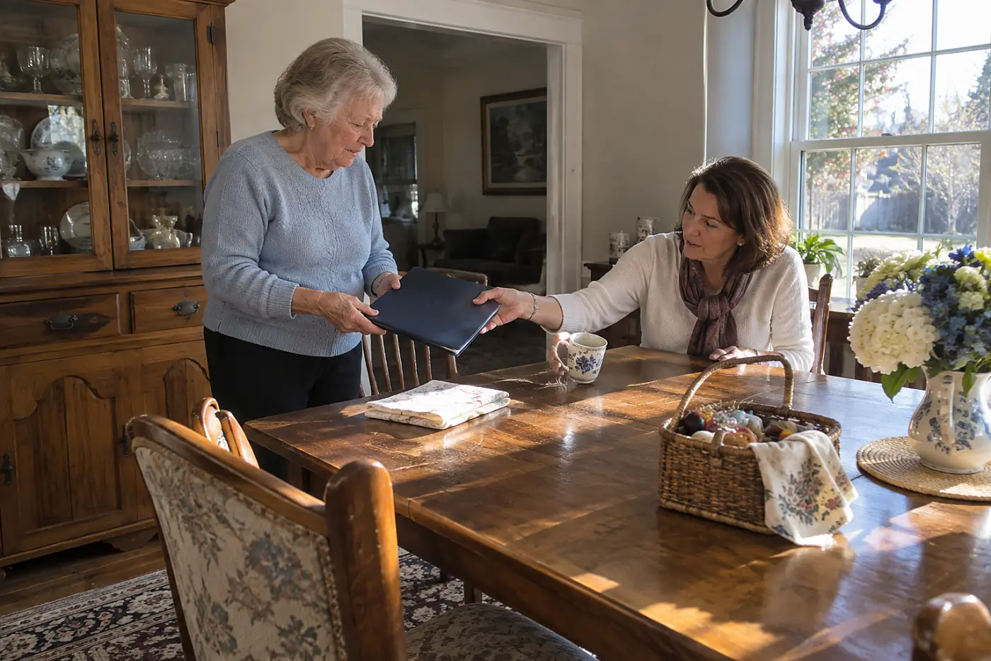 Older woman showing her daughter a signed health care proxy at the dining table.