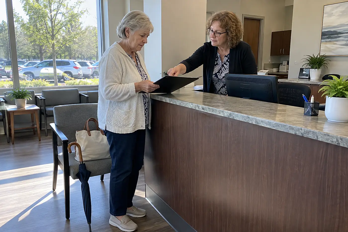 Older woman checking an emergency contact form at her doctor's reception desk.