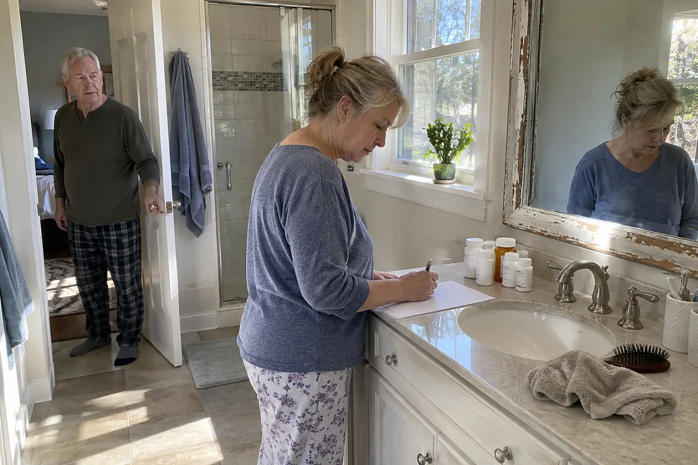 Older woman writing a medicine list beside bottles on a bathroom counter.