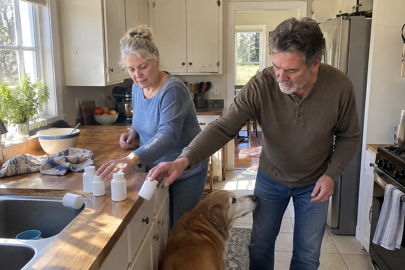 Older woman showing her brother a pet's medicine bottles on a kitchen counter.