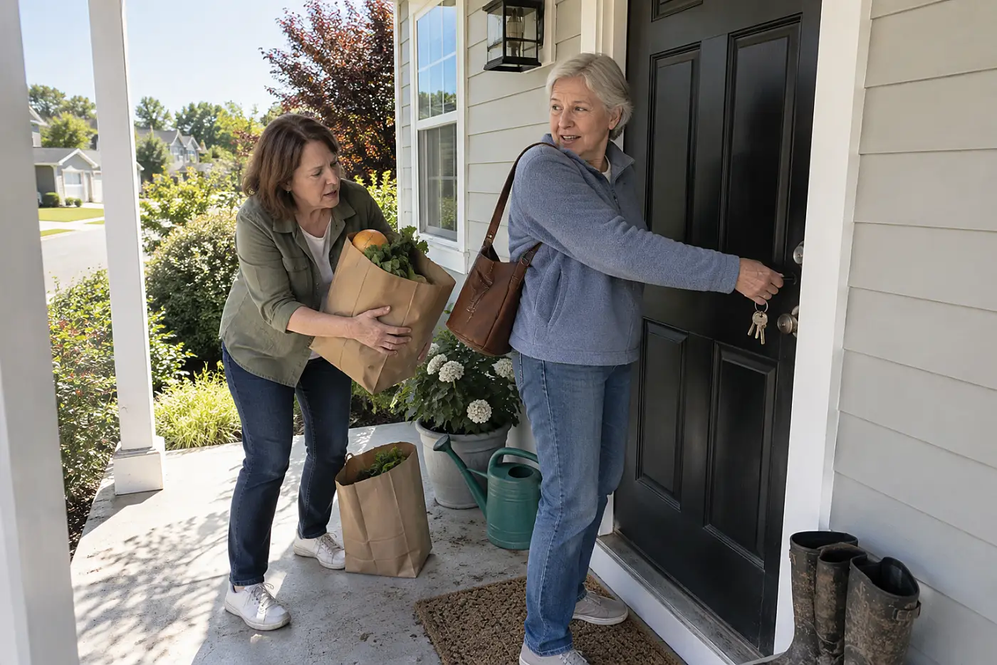 Older woman testing a spare key in the front door of her house.