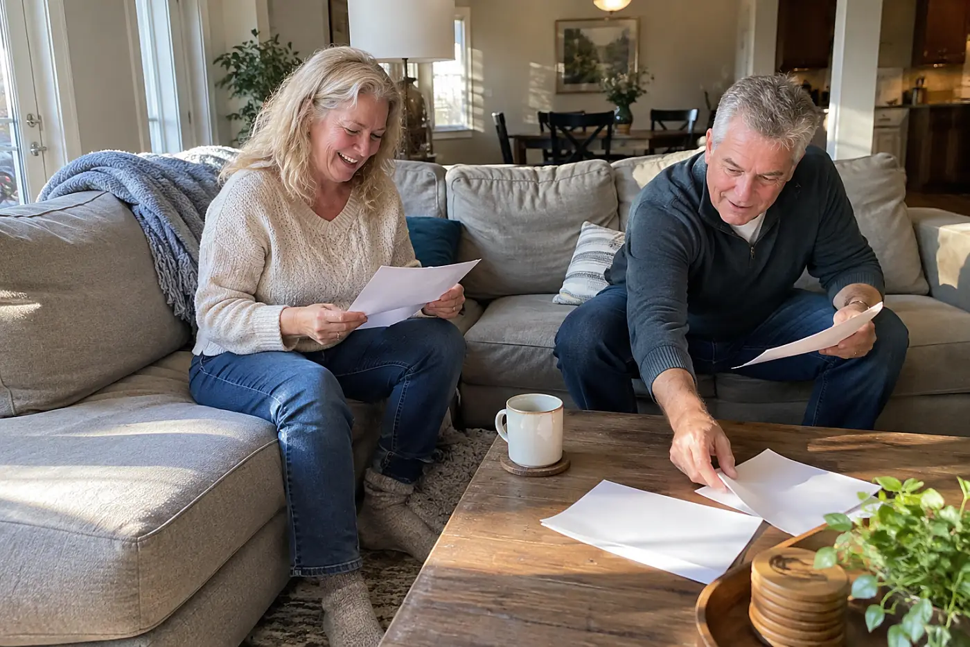 Older woman and her brother dividing household tasks on paper in a living room.