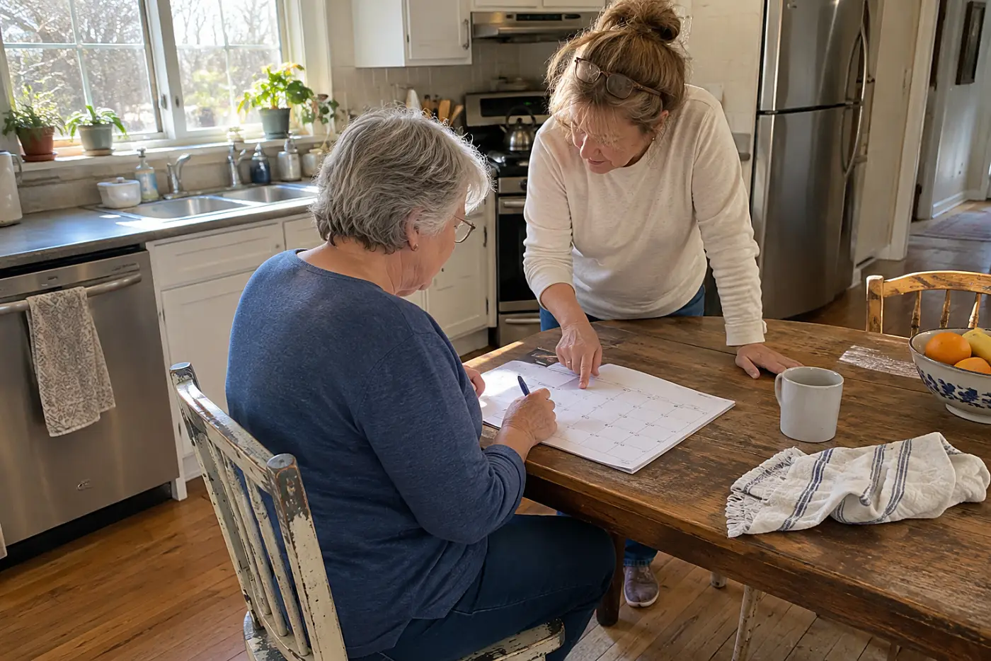 Older woman marking appointment rides on a calendar at her kitchen table.