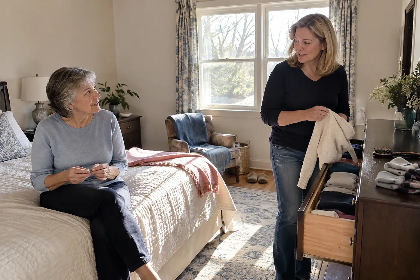 Older woman holding a ring while talking with her daughter in a bedroom.