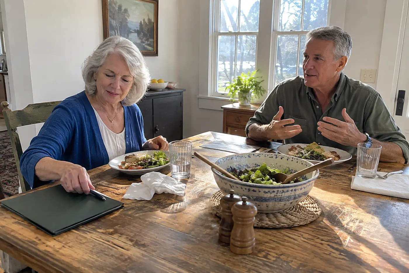 Older woman moving a pen away from a bank form beside her dinner plate.