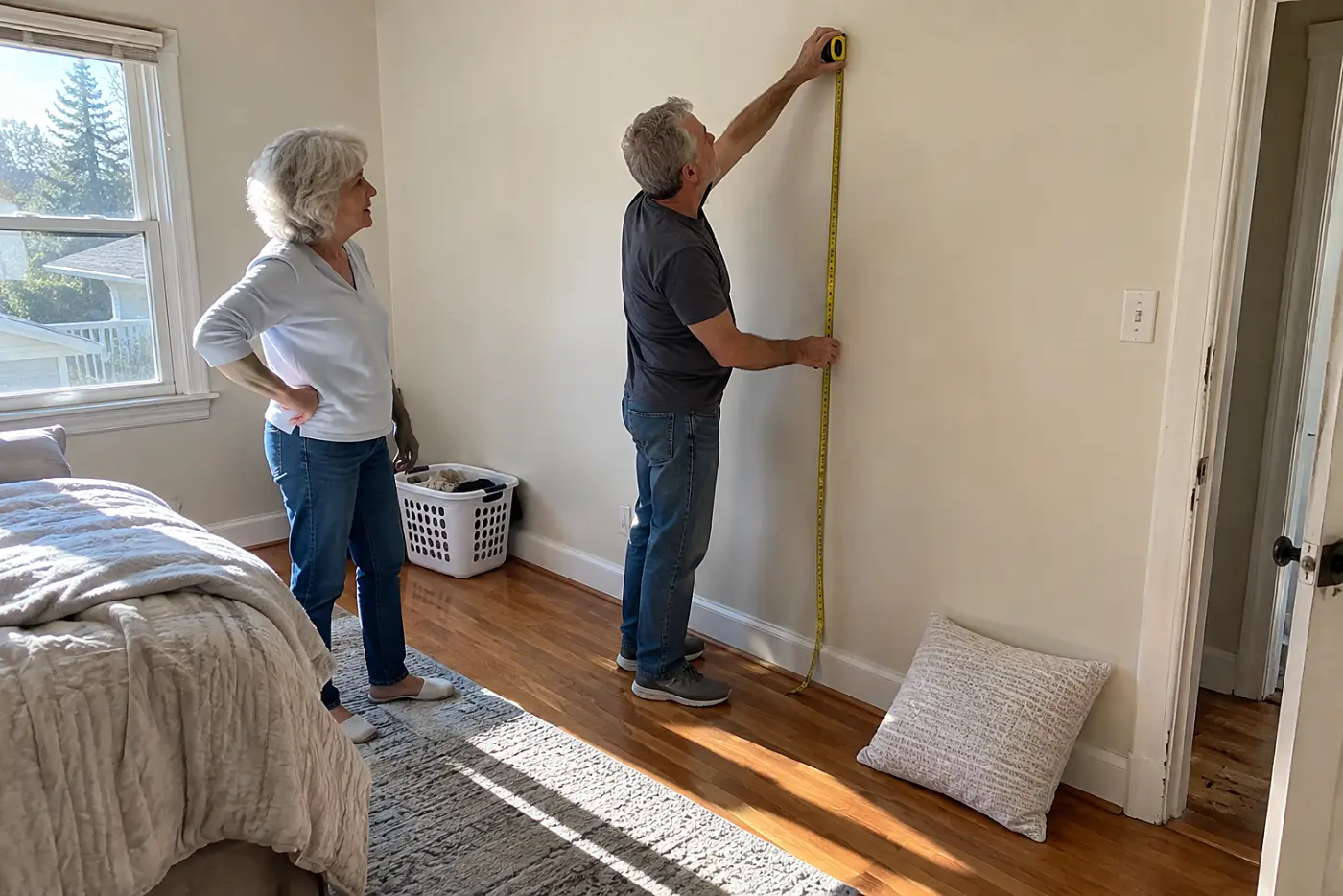 Older woman watching a relative hold a tape measure in a spare bedroom.