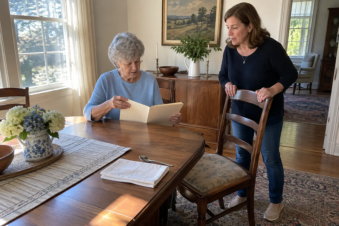 Older woman reading a power of attorney draft at her dining table.