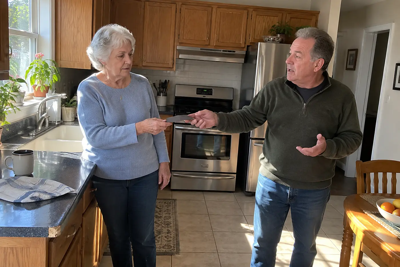 Older woman taking her debit card back from a relative in her kitchen.