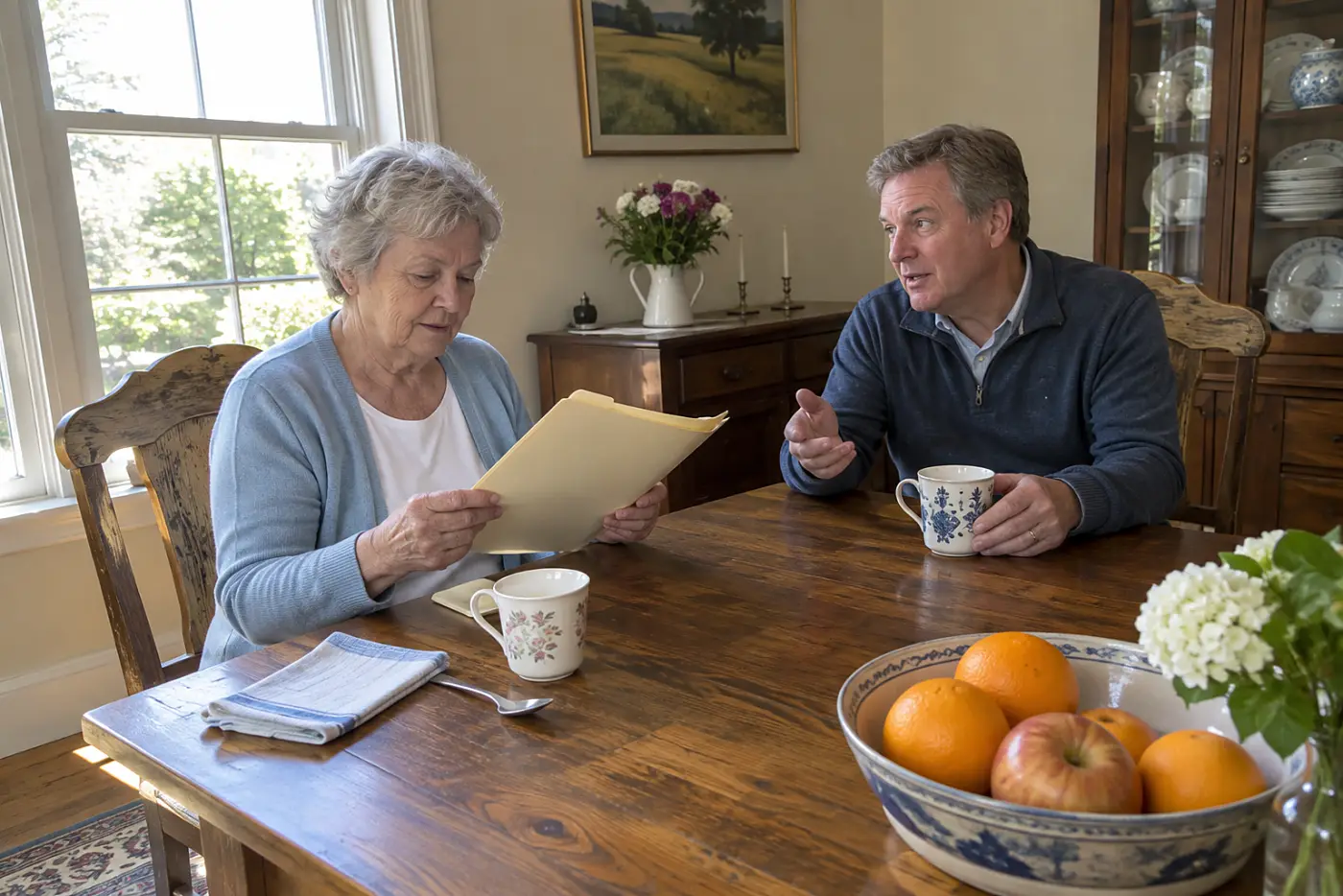 Older woman reading a bank form across the table from a relative.