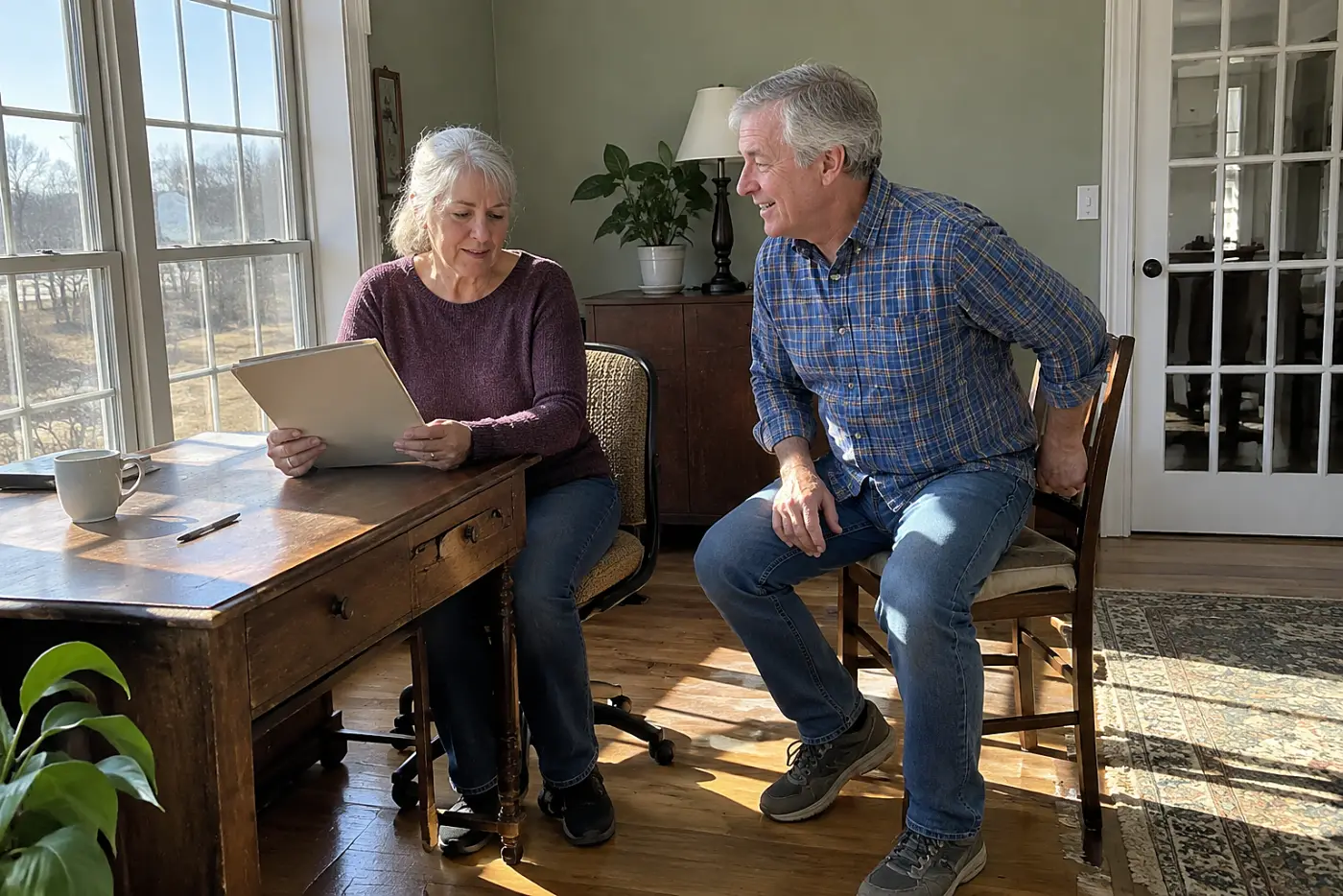 Older woman reviewing a bank statement at her desk.