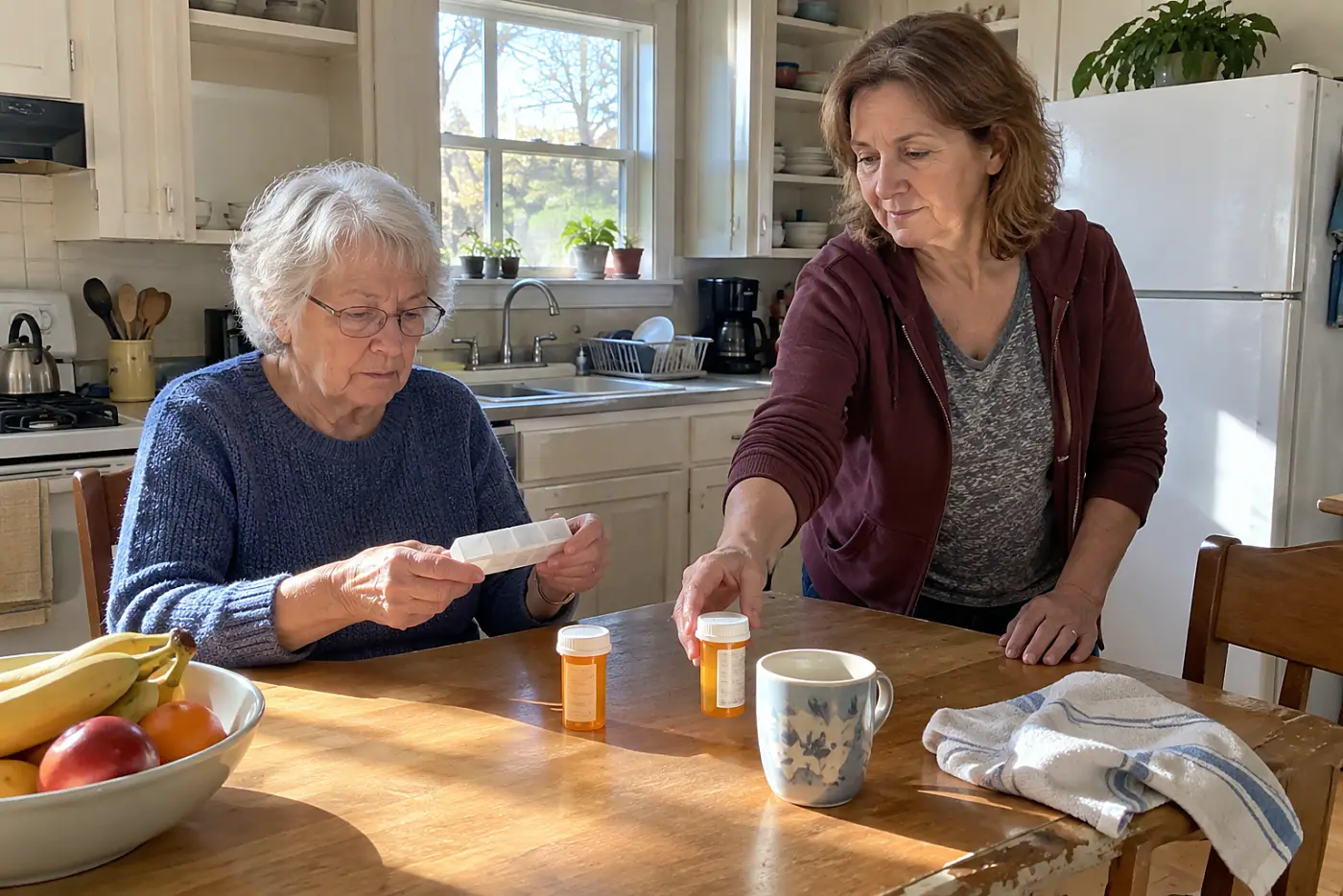 Older woman comparing a pillbox with prescription bottles at her kitchen table.