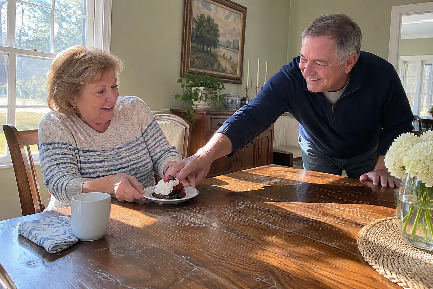 Older woman reaching for her dessert as a relative leans across the dinner table.