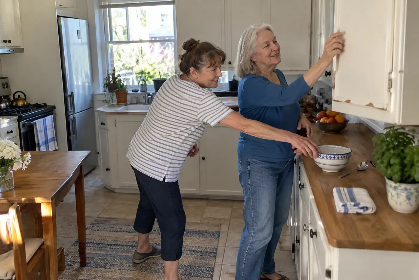 Older woman closing a kitchen cupboard while her sister stands nearby.