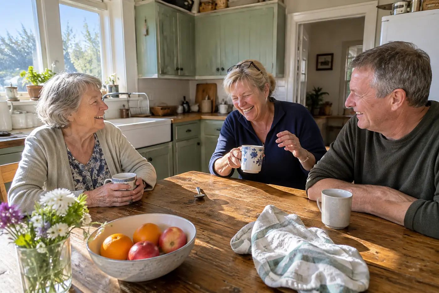Older woman sitting across from relatives at her kitchen table.