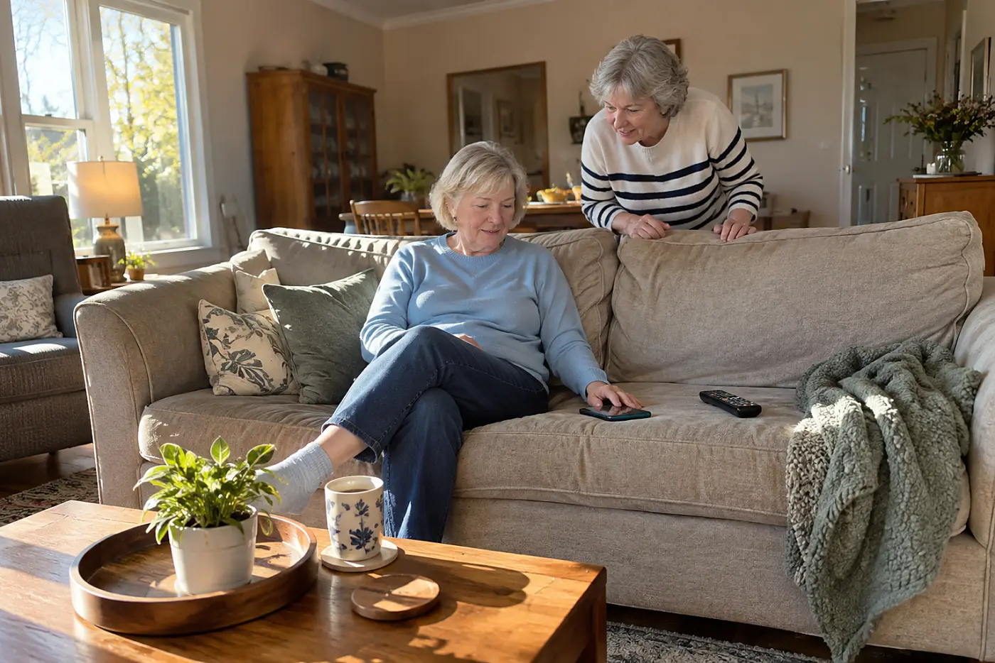 Older woman looking at a family group chat on her phone in her living room.