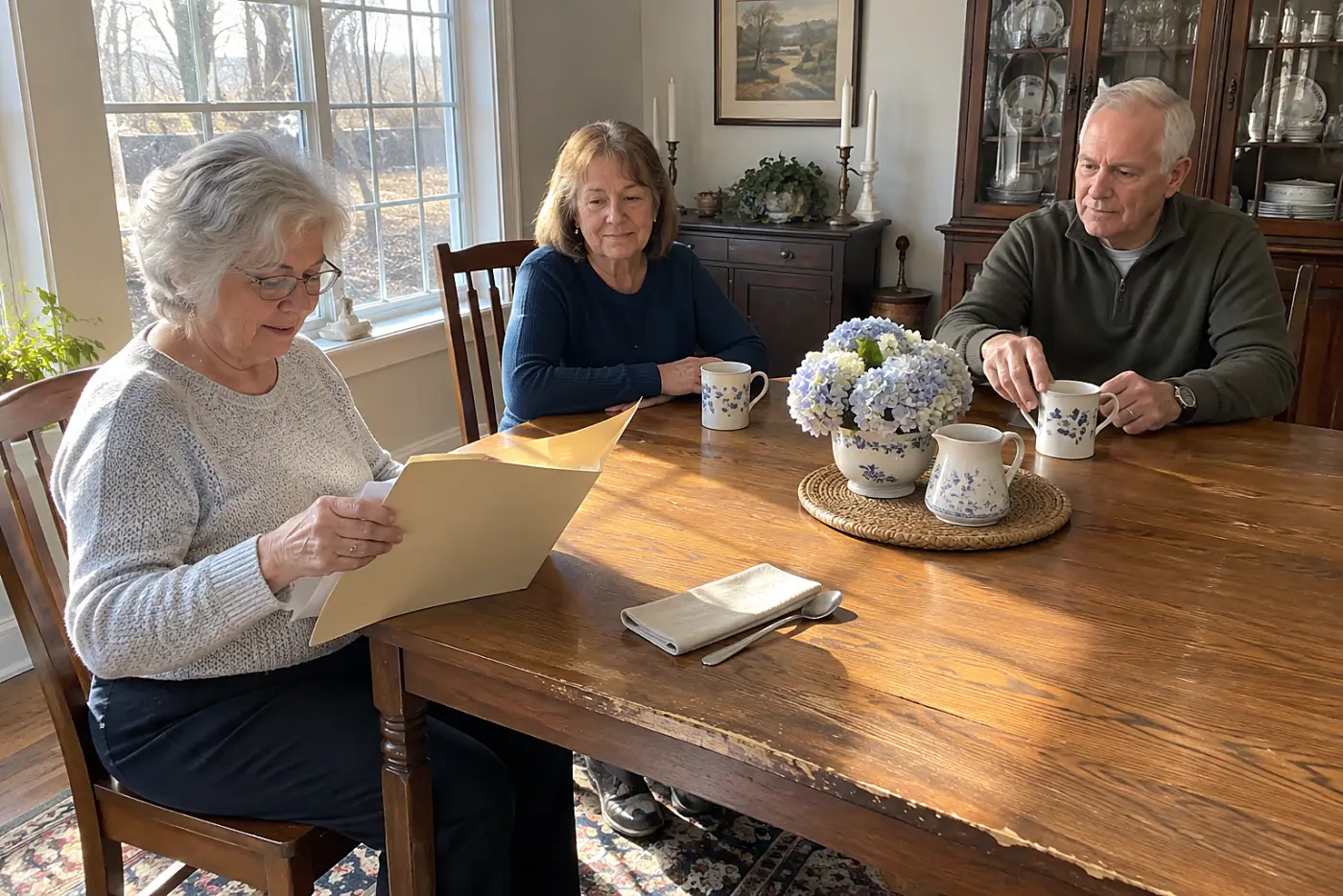 Older woman reading a form while relatives wait across the dining table.