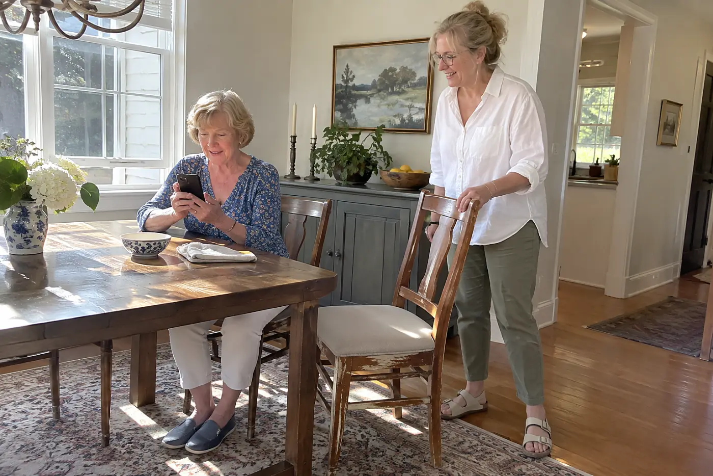 Older woman reading an invitation on her phone at her dining table.