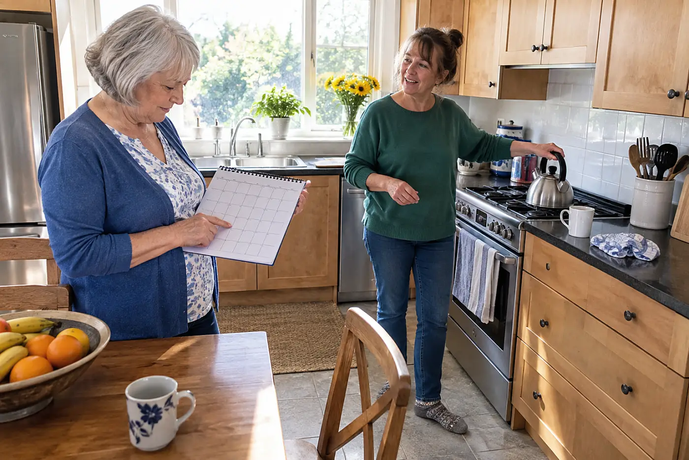 Older woman checking her calendar while her niece talks in the kitchen.