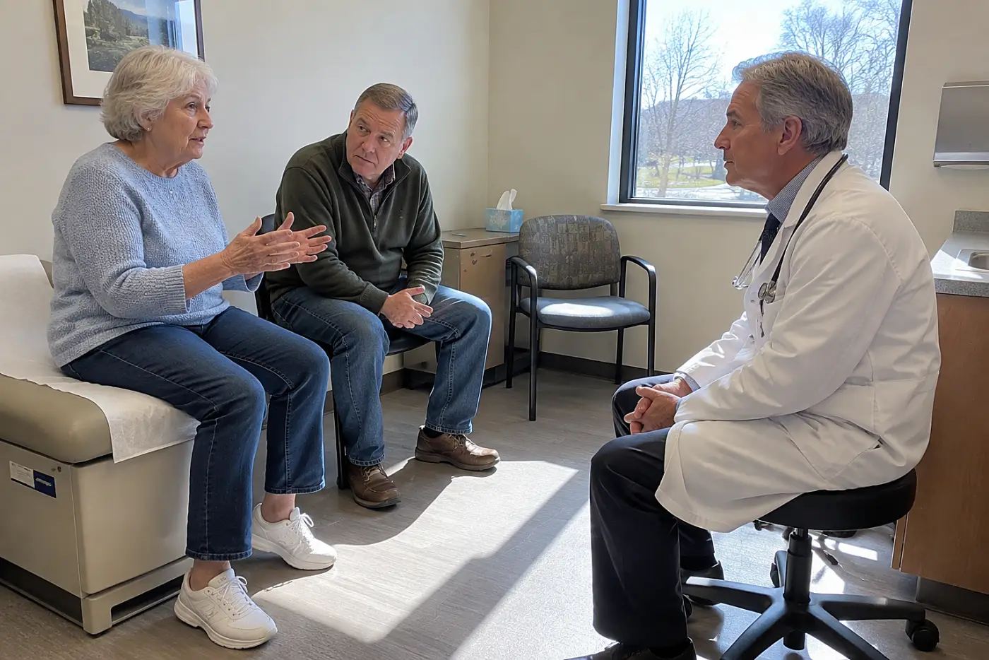 Older woman speaking to a doctor while a relative sits beside her in an exam room.