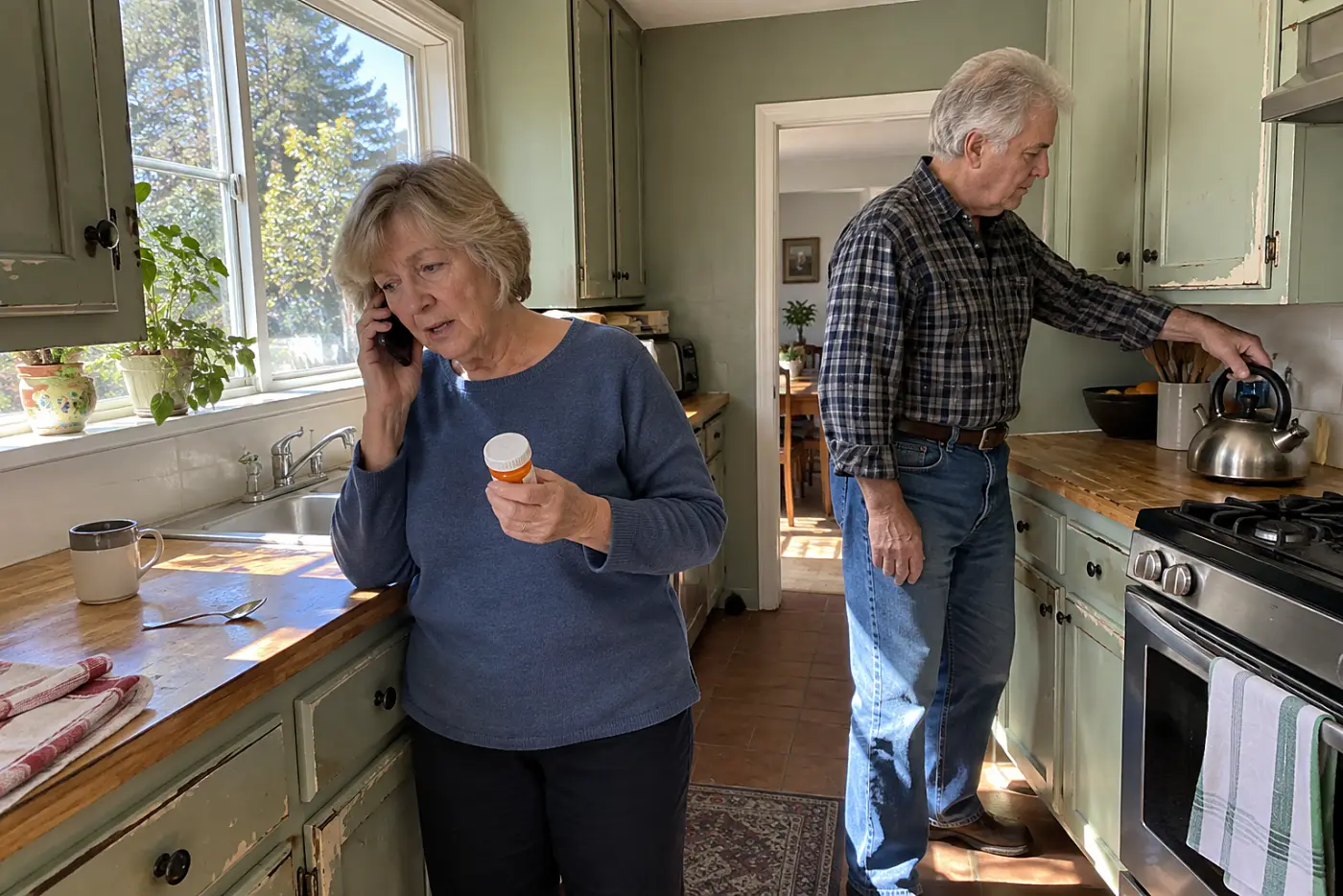 Older woman holding a prescription bottle while calling from her kitchen.
