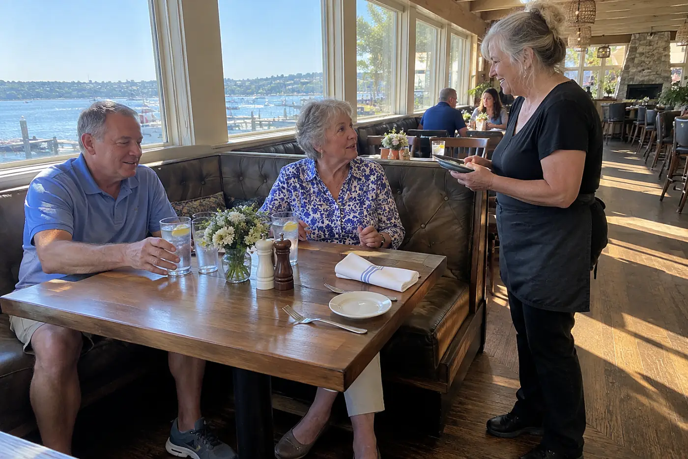Older woman answering a server at a restaurant table beside her son.