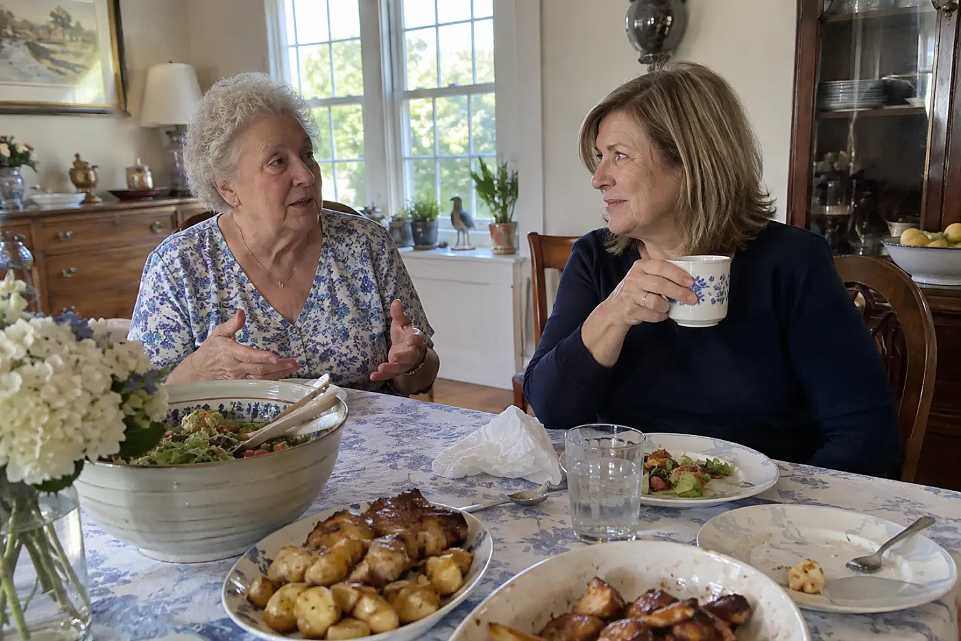 Older woman speaking across a dining room table while her daughter listens.