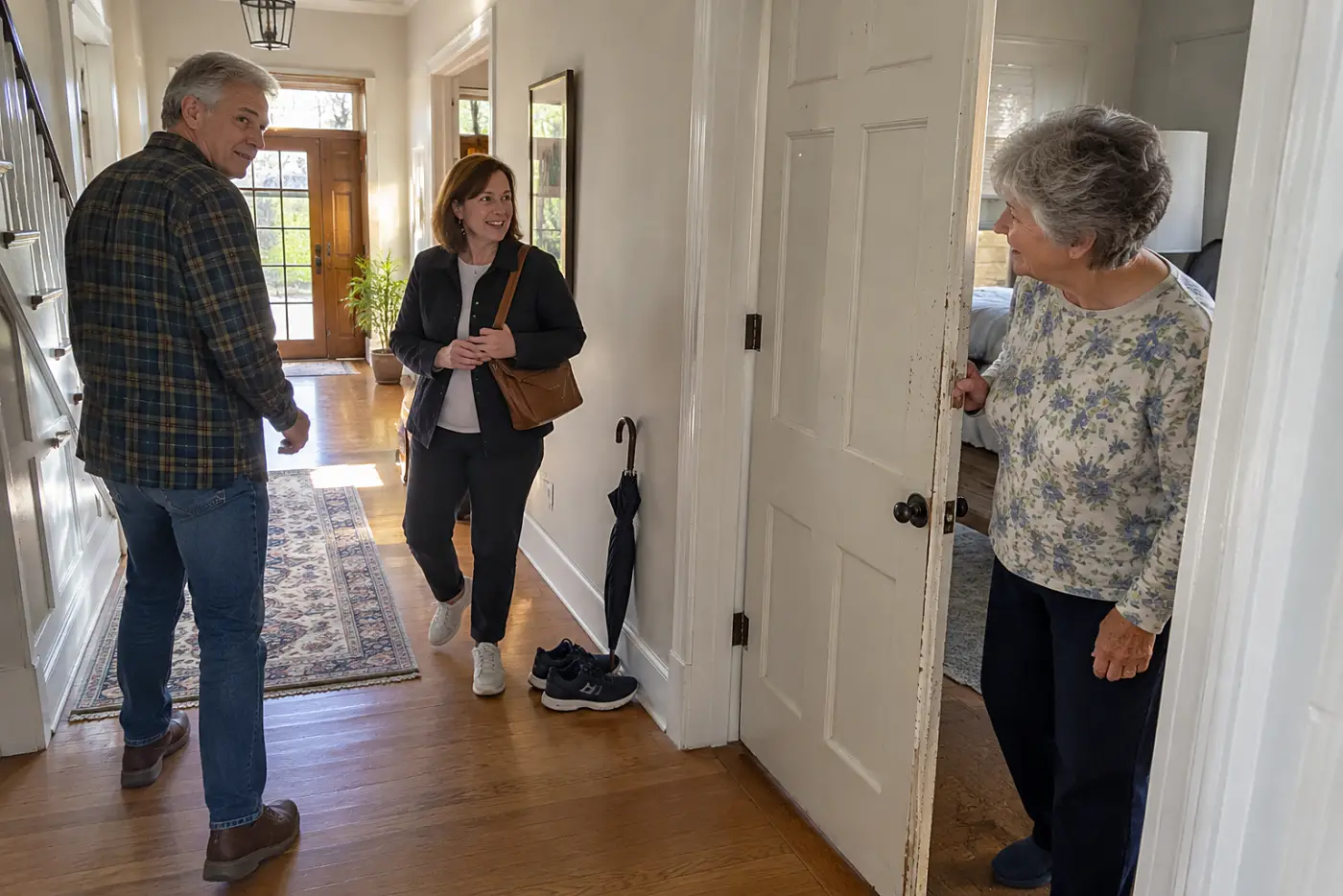 Older woman standing by a half-open door as relatives talk in the hallway.