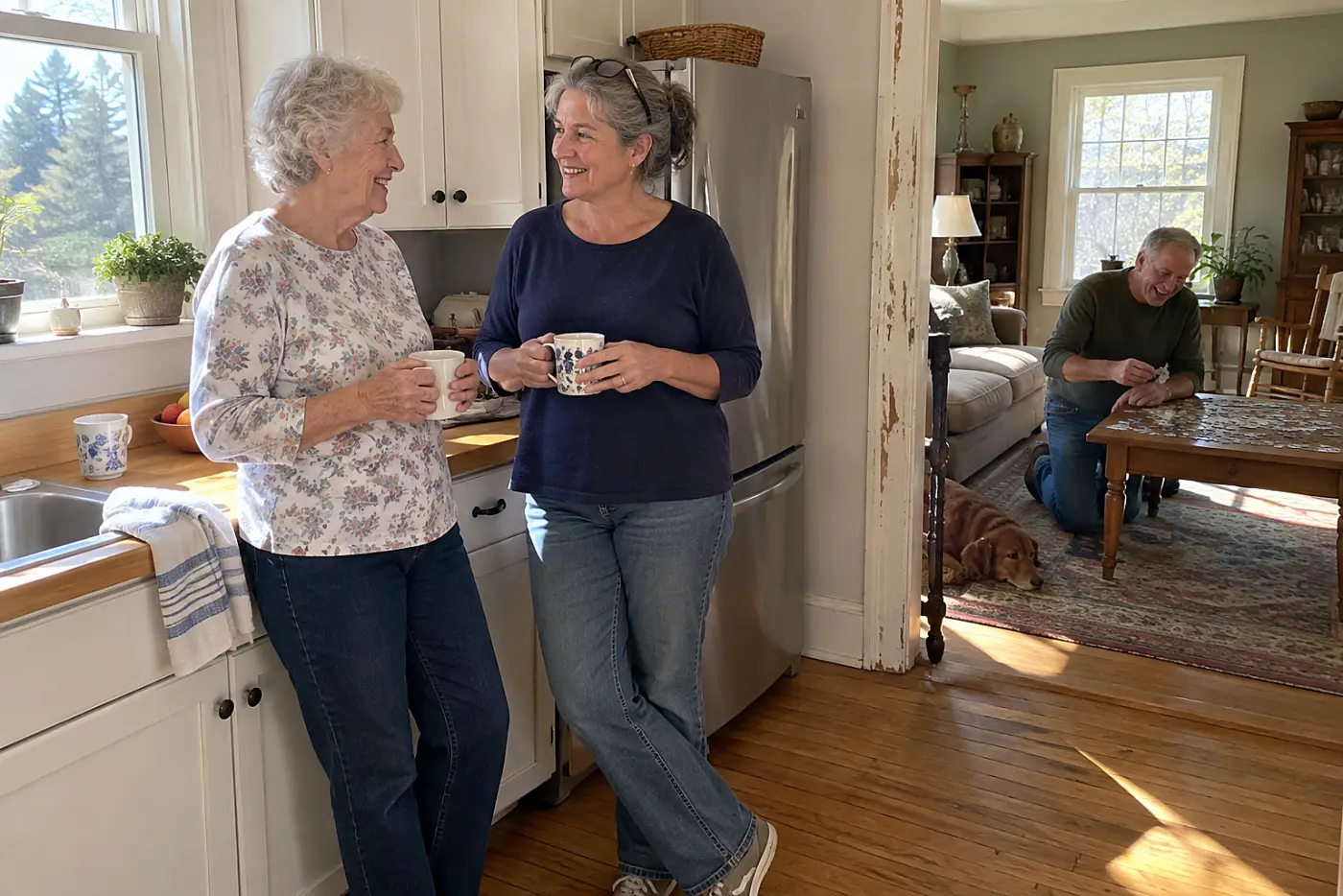Older woman talking with her daughter while a grandchild plays in the next room.