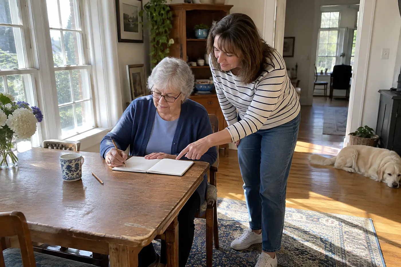 Older woman writing down a date in a notebook at her desk.