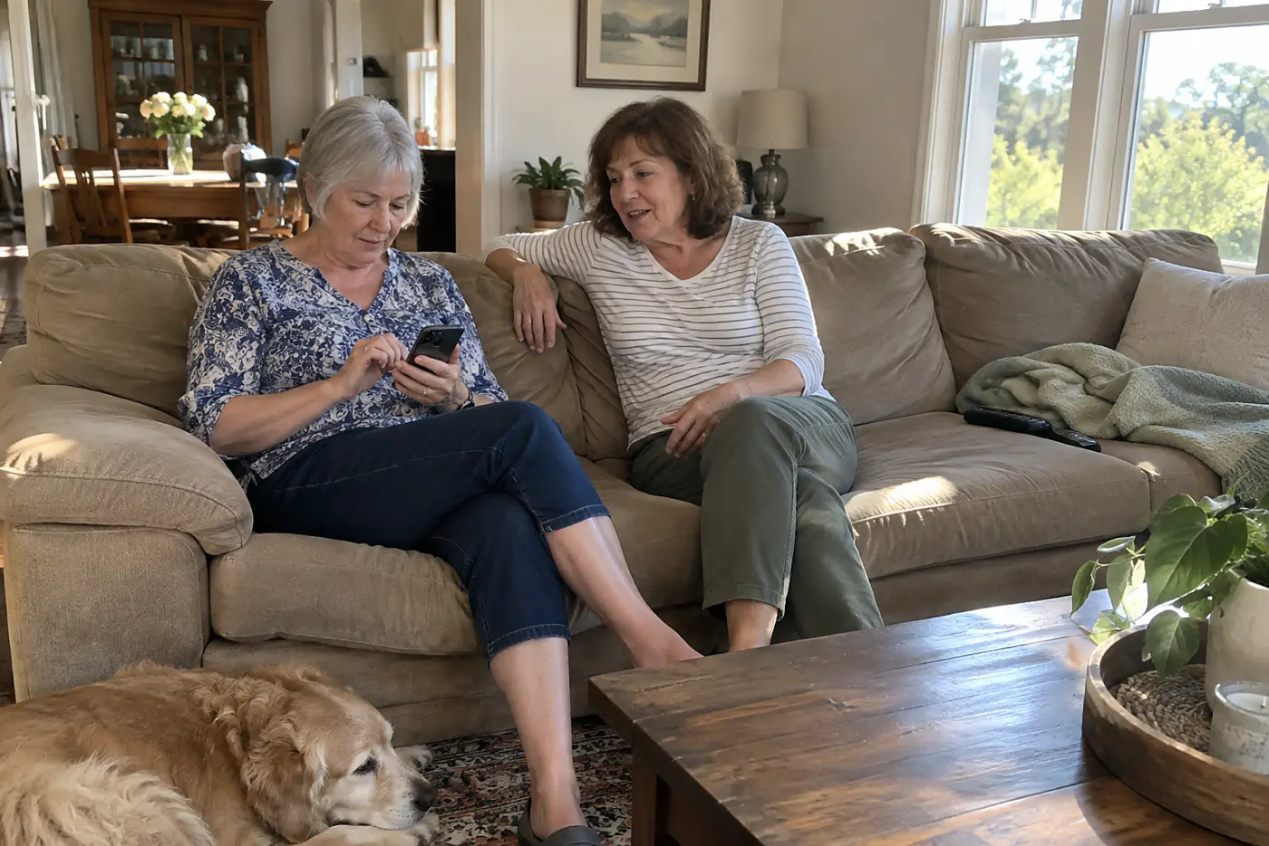 Older woman searching her phone contacts while sitting on her sofa.