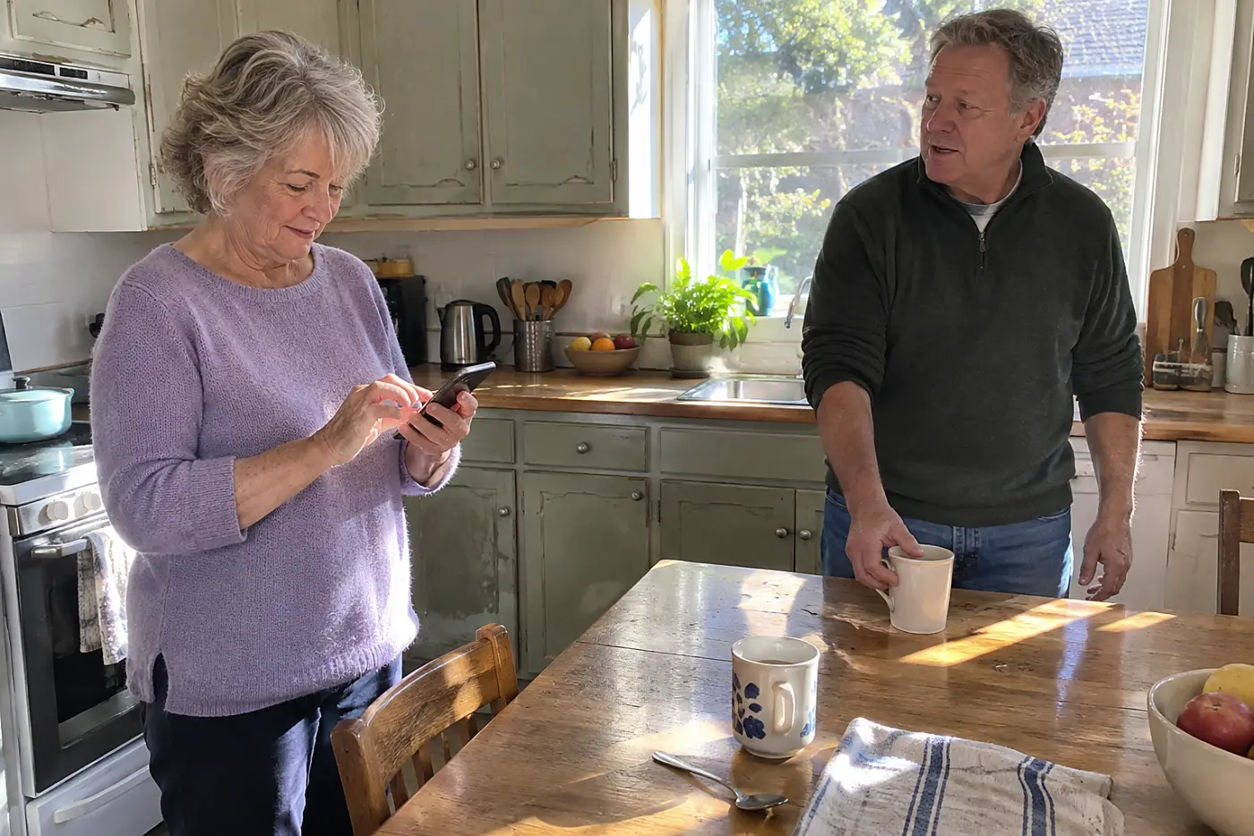 Older woman changing her phone passcode while seated at her kitchen table.