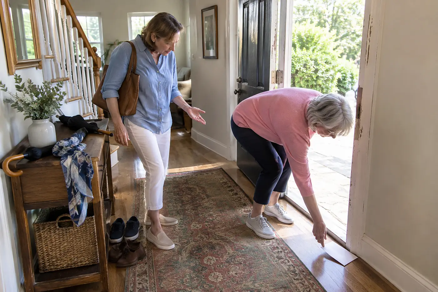 Older woman picking up a sealed envelope from a table near her front door.